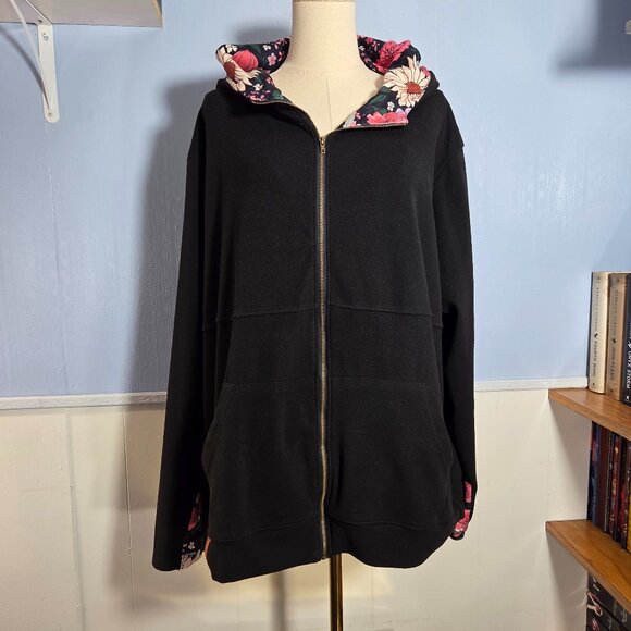 Shirley Stone 3XL Black Pink Green Floral Full Zip Longsleeve Fleece Jacket - Picture 1 of 16
